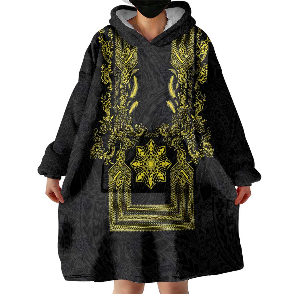 Philippines Barong Style Wearable Blanket Hoodie with Polynesian Art and Leaf Motif Black-Gold Color