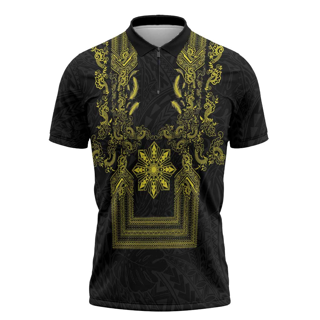 Philippines Barong Style Zipper Polo Shirt with Polynesian Art and Leaf Motif Black-Gold Color LT03 Black - Polynesian Pride