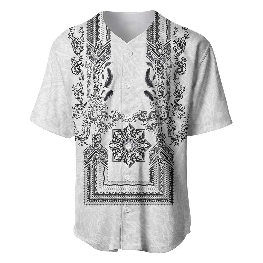 Philippines Barong Style Baseball Jersey with Polynesian Art and Leaf Motif Black-White Color LT03 White - Polynesian Pride