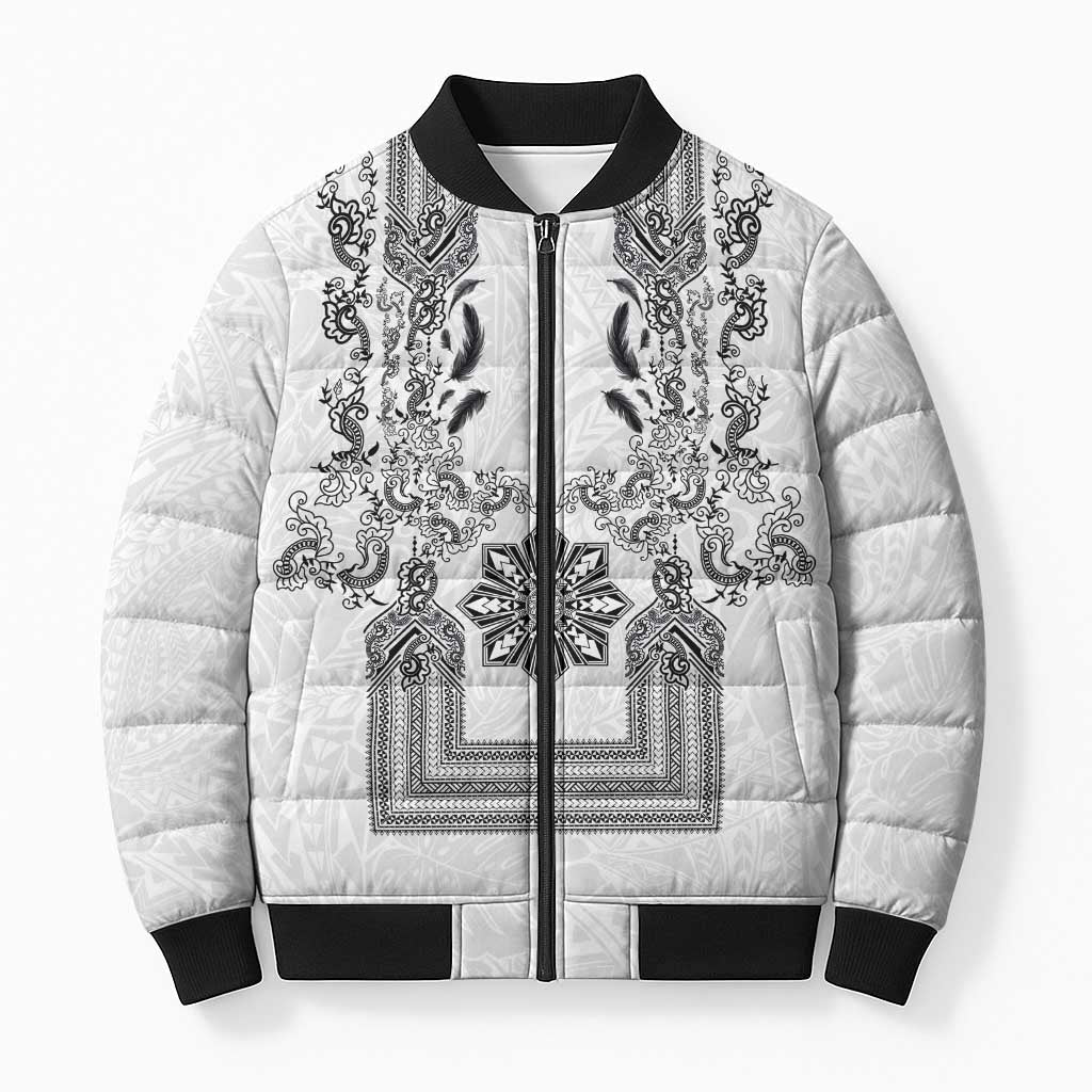 Philippines Barong Style Bomber Puffer Jacket with Polynesian Art and Leaf Motif Black-White Color LT03 Unisex White - Polynesian Pride