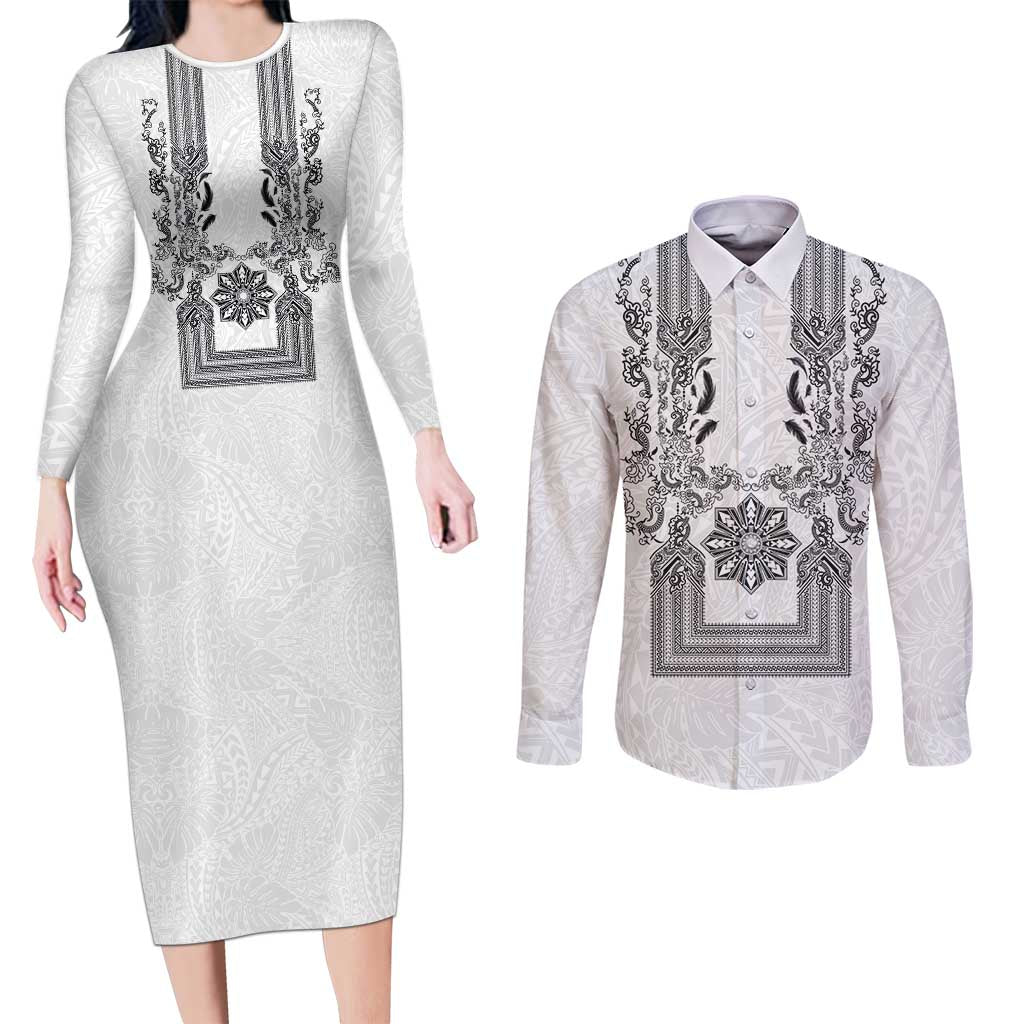 Philippines Barong Style Couples Matching Long Sleeve Bodycon Dress and Long Sleeve Button Shirt with Polynesian Art and Leaf Motif Black-White Color LT03 White - Polynesian Pride