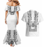 Philippines Barong Style Couples Matching Mermaid Dress and Hawaiian Shirt with Polynesian Art and Leaf Motif Black-White Color