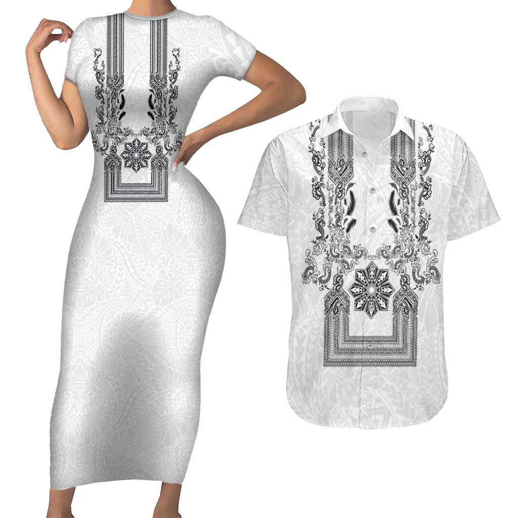 Philippines Barong Style Couples Matching Short Sleeve Bodycon Dress and Hawaiian Shirt with Polynesian Art and Leaf Motif Black-White Color LT03 White - Polynesian Pride