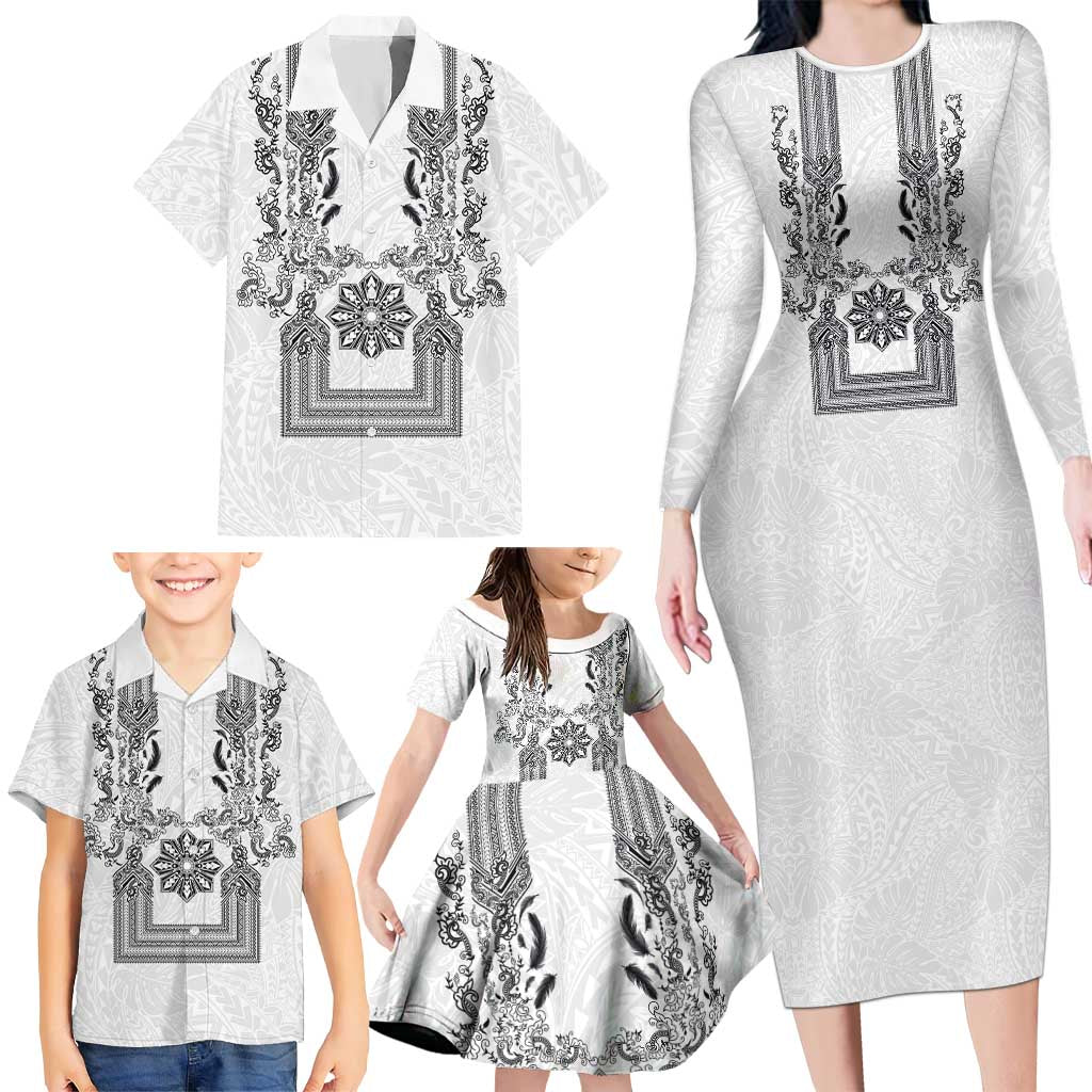 Philippines Barong Style Family Matching Long Sleeve Bodycon Dress and Hawaiian Shirt with Polynesian Art and Leaf Motif Black-White Color LT03 - Polynesian Pride