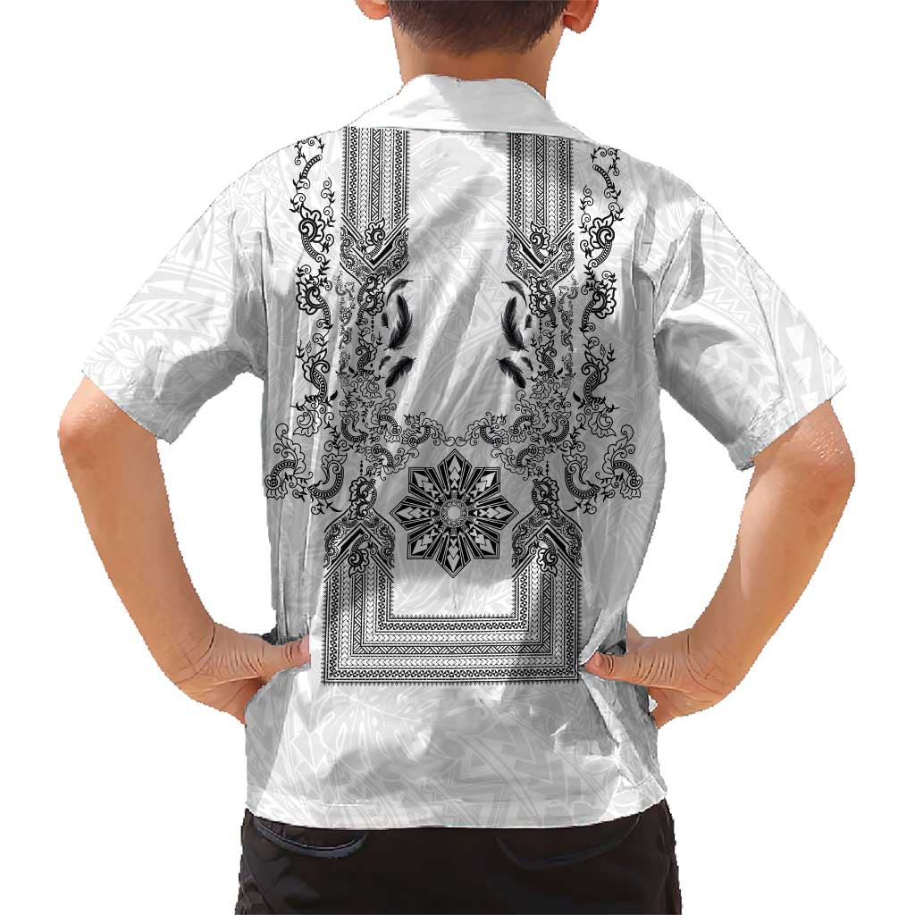 Philippines Barong Style Family Matching Off The Shoulder Long Sleeve Dress and Hawaiian Shirt with Polynesian Art and Leaf Motif Black-White Color