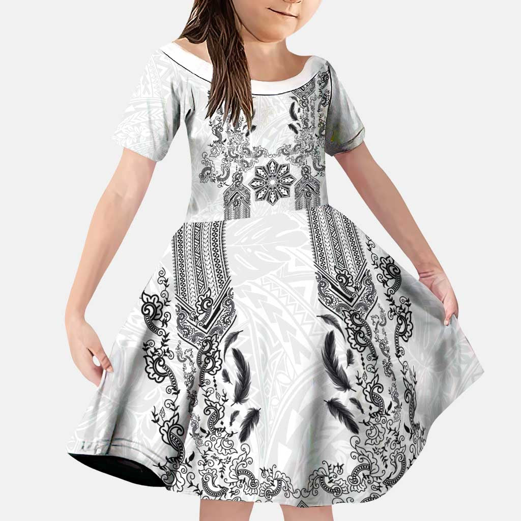 Philippines Barong Style Family Matching Off The Shoulder Long Sleeve Dress and Hawaiian Shirt with Polynesian Art and Leaf Motif Black-White Color