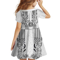 Philippines Barong Style Family Matching Off The Shoulder Long Sleeve Dress and Hawaiian Shirt with Polynesian Art and Leaf Motif Black-White Color