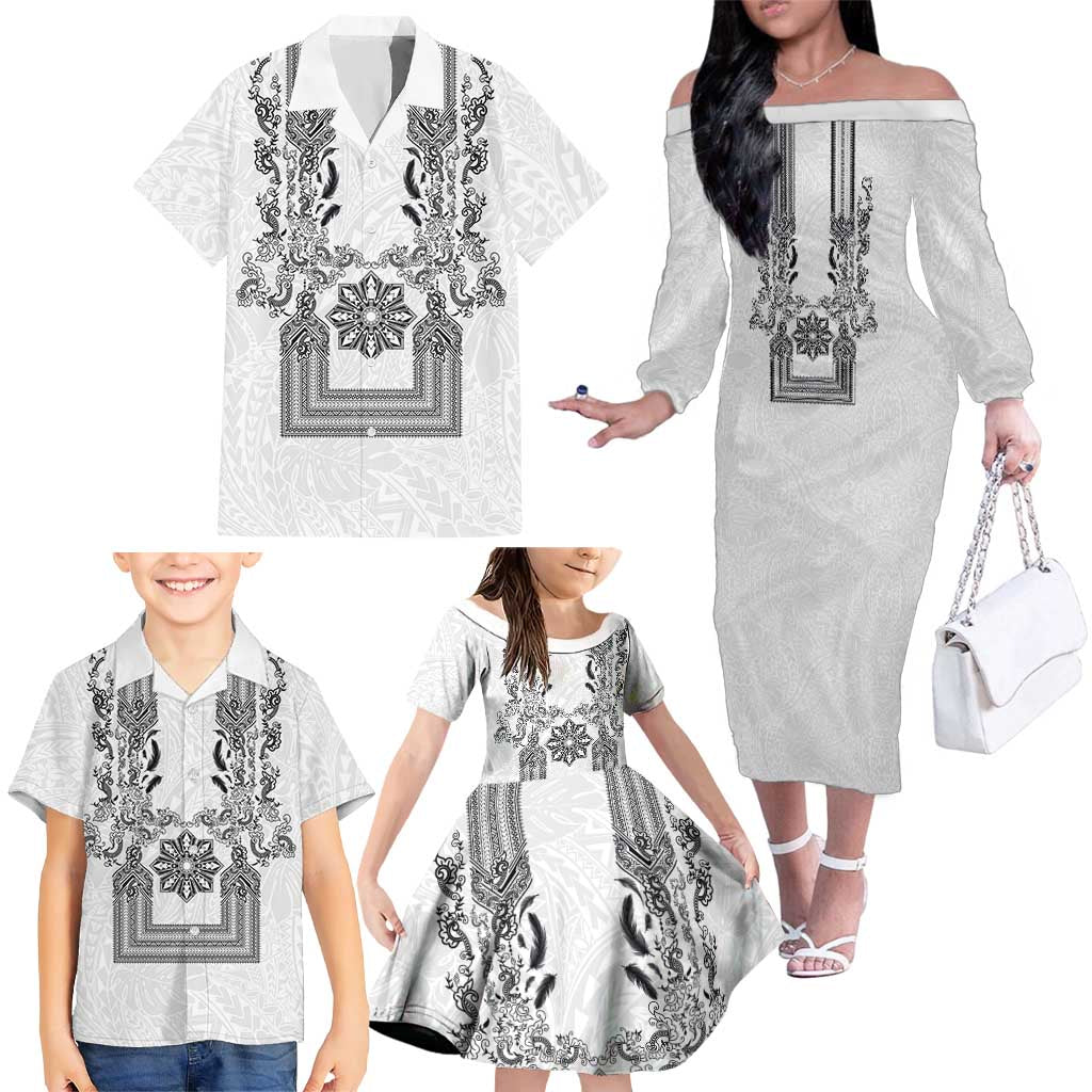 Philippines Barong Style Family Matching Off The Shoulder Long Sleeve Dress and Hawaiian Shirt with Polynesian Art and Leaf Motif Black-White Color