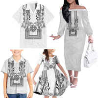 Philippines Barong Style Family Matching Off The Shoulder Long Sleeve Dress and Hawaiian Shirt with Polynesian Art and Leaf Motif Black-White Color