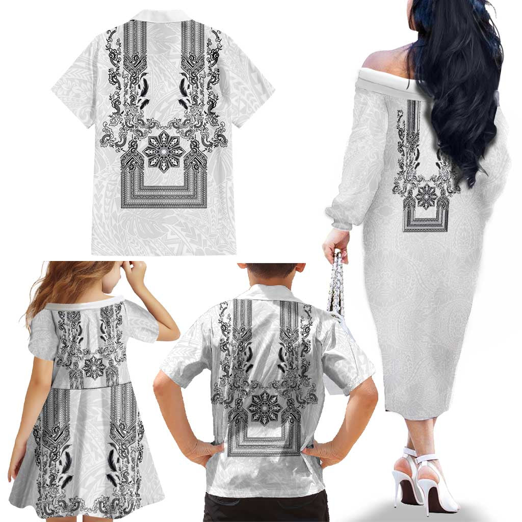 Philippines Barong Style Family Matching Off The Shoulder Long Sleeve Dress and Hawaiian Shirt with Polynesian Art and Leaf Motif Black-White Color