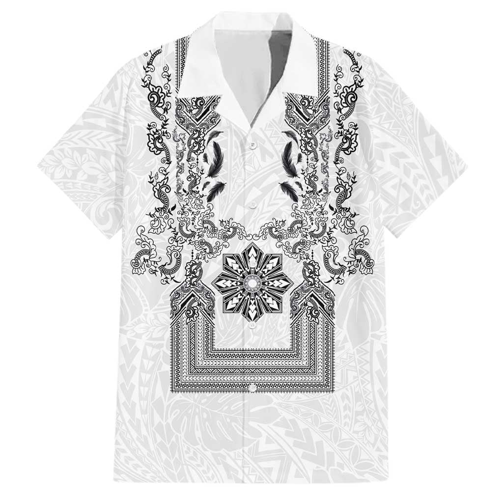 Philippines Barong Style Family Matching Off The Shoulder Long Sleeve Dress and Hawaiian Shirt with Polynesian Art and Leaf Motif Black-White Color