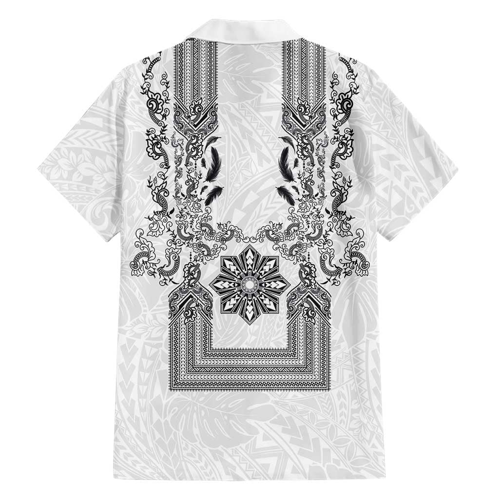 Philippines Barong Style Family Matching Off The Shoulder Long Sleeve Dress and Hawaiian Shirt with Polynesian Art and Leaf Motif Black-White Color