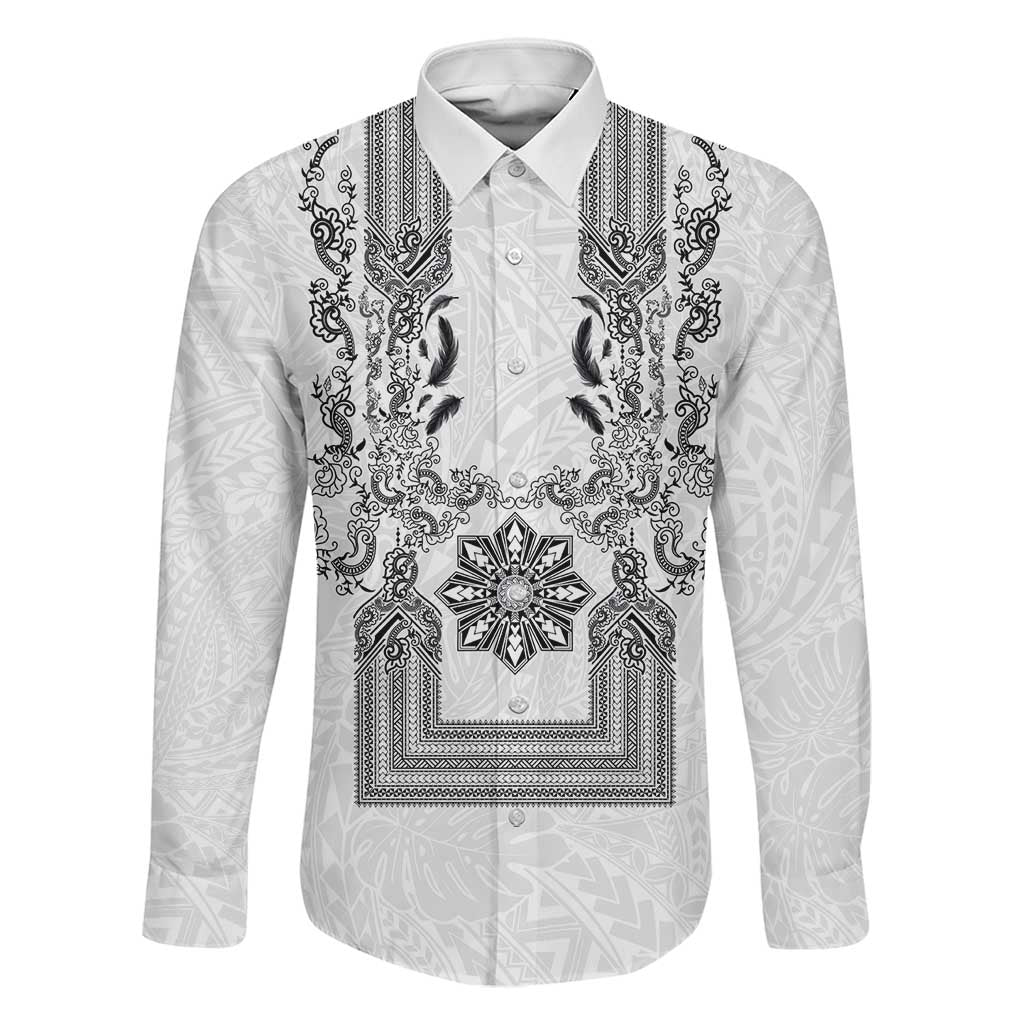 Philippines Barong Style Family Matching Off The Shoulder Long Sleeve Dress and Hawaiian Shirt with Polynesian Art and Leaf Motif Black-White Color