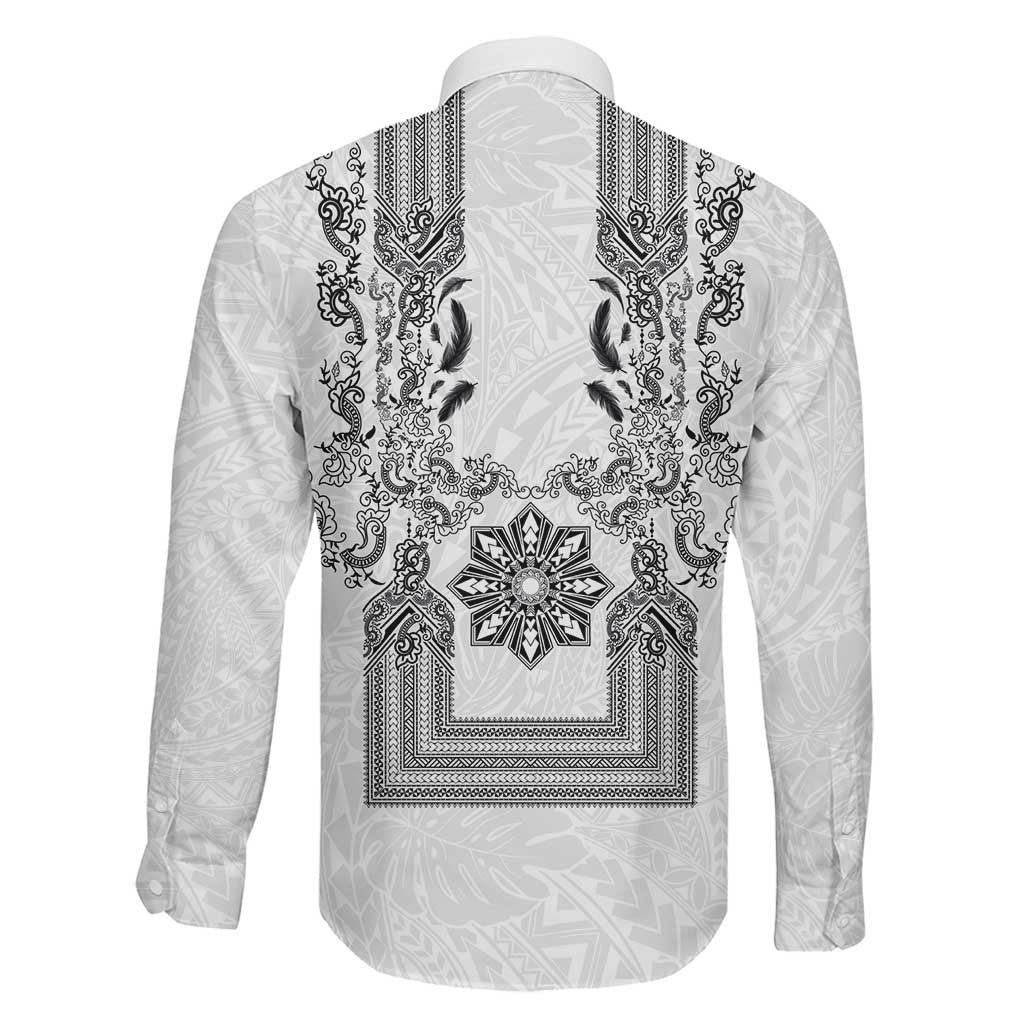 Philippines Barong Style Family Matching Off The Shoulder Long Sleeve Dress and Hawaiian Shirt with Polynesian Art and Leaf Motif Black-White Color