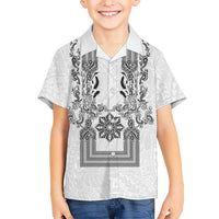 Philippines Barong Style Family Matching Off The Shoulder Long Sleeve Dress and Hawaiian Shirt with Polynesian Art and Leaf Motif Black-White Color