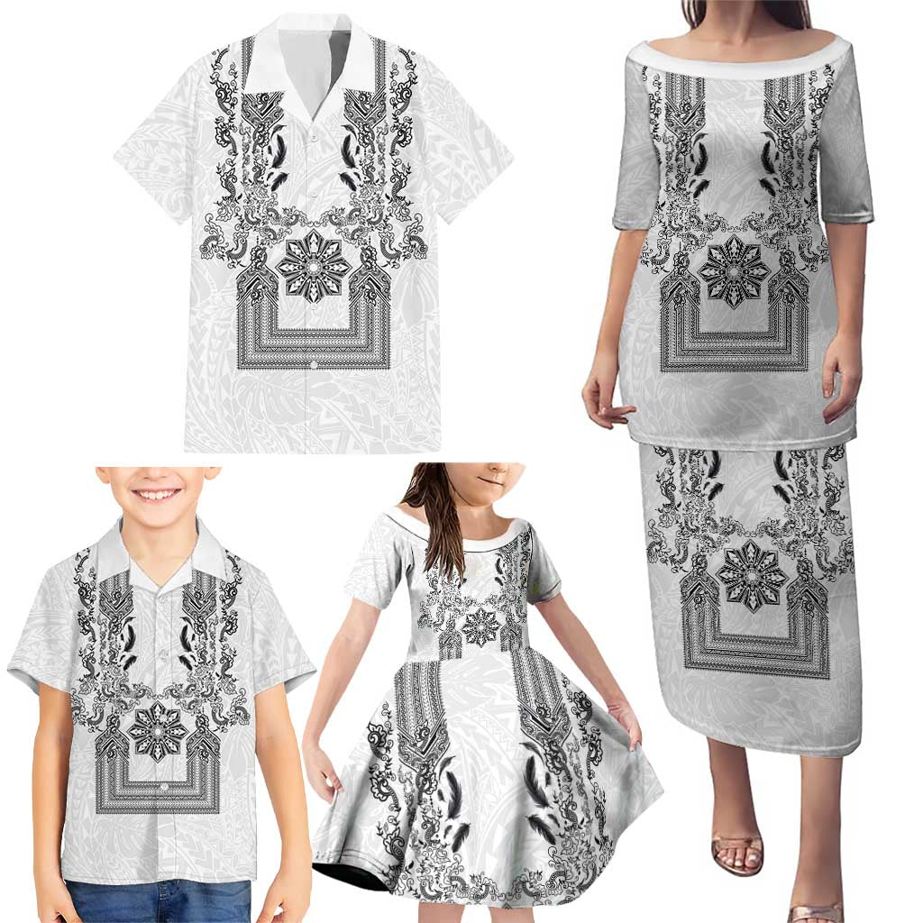 Philippines Barong Style Family Matching Puletasi and Hawaiian Shirt with Polynesian Art and Leaf Motif Black-White Color LT03 - Polynesian Pride