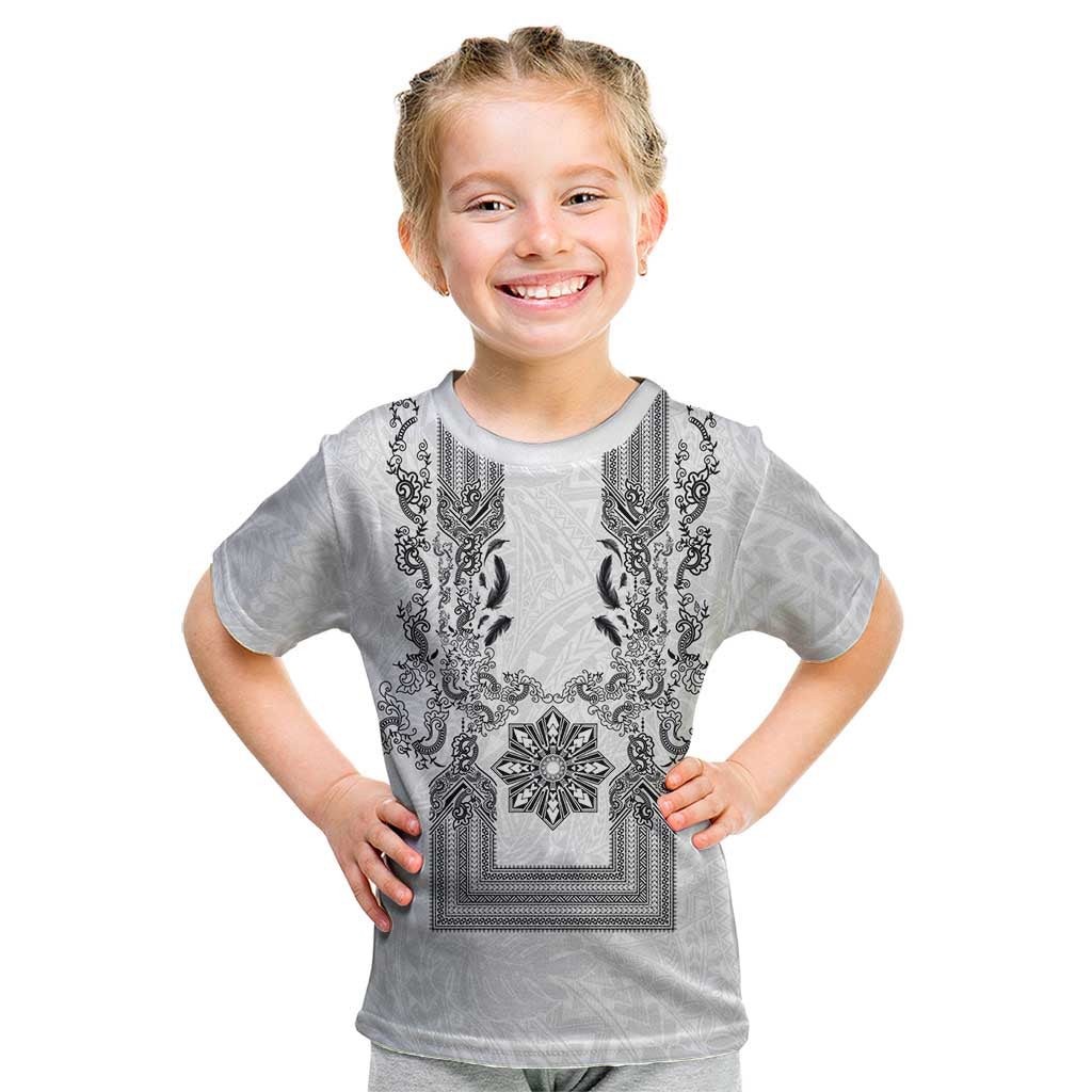 Philippines Barong Style Kid T Shirt with Polynesian Art and Leaf Motif Black-White Color