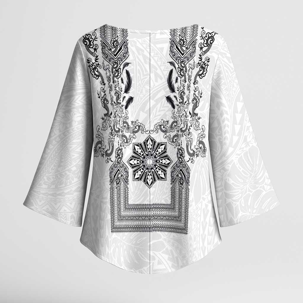 Philippines Barong Style Kimono Sleeve Blouse with Polynesian Art and Leaf Motif Black-White Color LT03 - Polynesian Pride