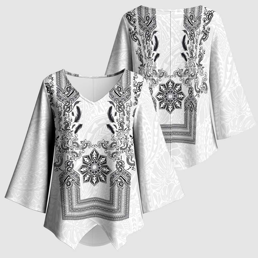 Philippines Barong Style Kimono Sleeve Blouse with Polynesian Art and Leaf Motif Black-White Color LT03 - Polynesian Pride