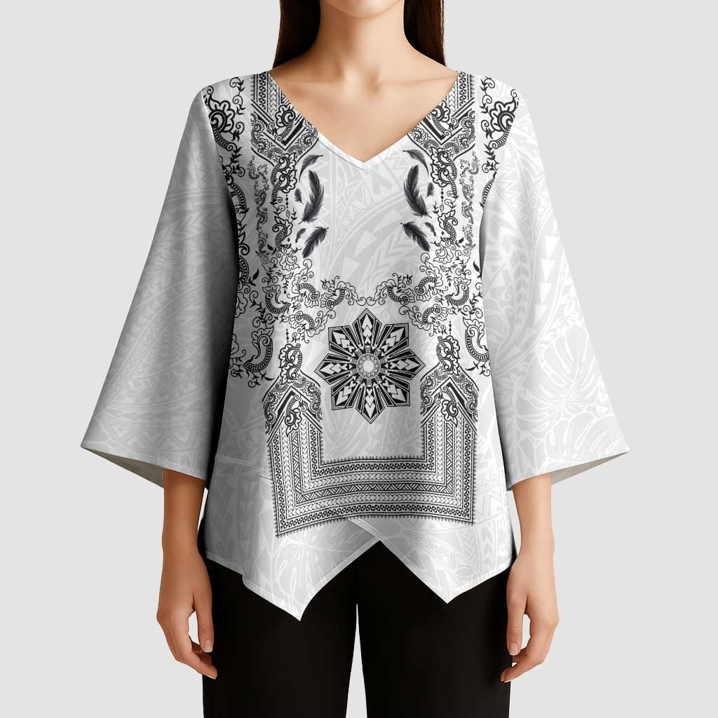 Philippines Barong Style Kimono Sleeve Blouse with Polynesian Art and Leaf Motif Black-White Color LT03 - Polynesian Pride