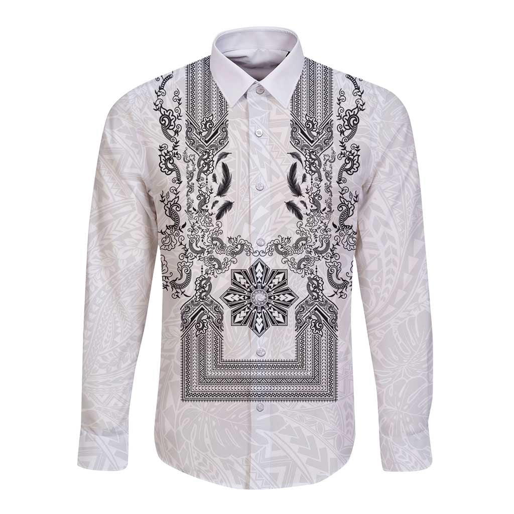 Philippines Barong Style Long Sleeve Button Shirt with Polynesian Art and Leaf Motif Black-White Color LT03 Unisex White - Polynesian Pride