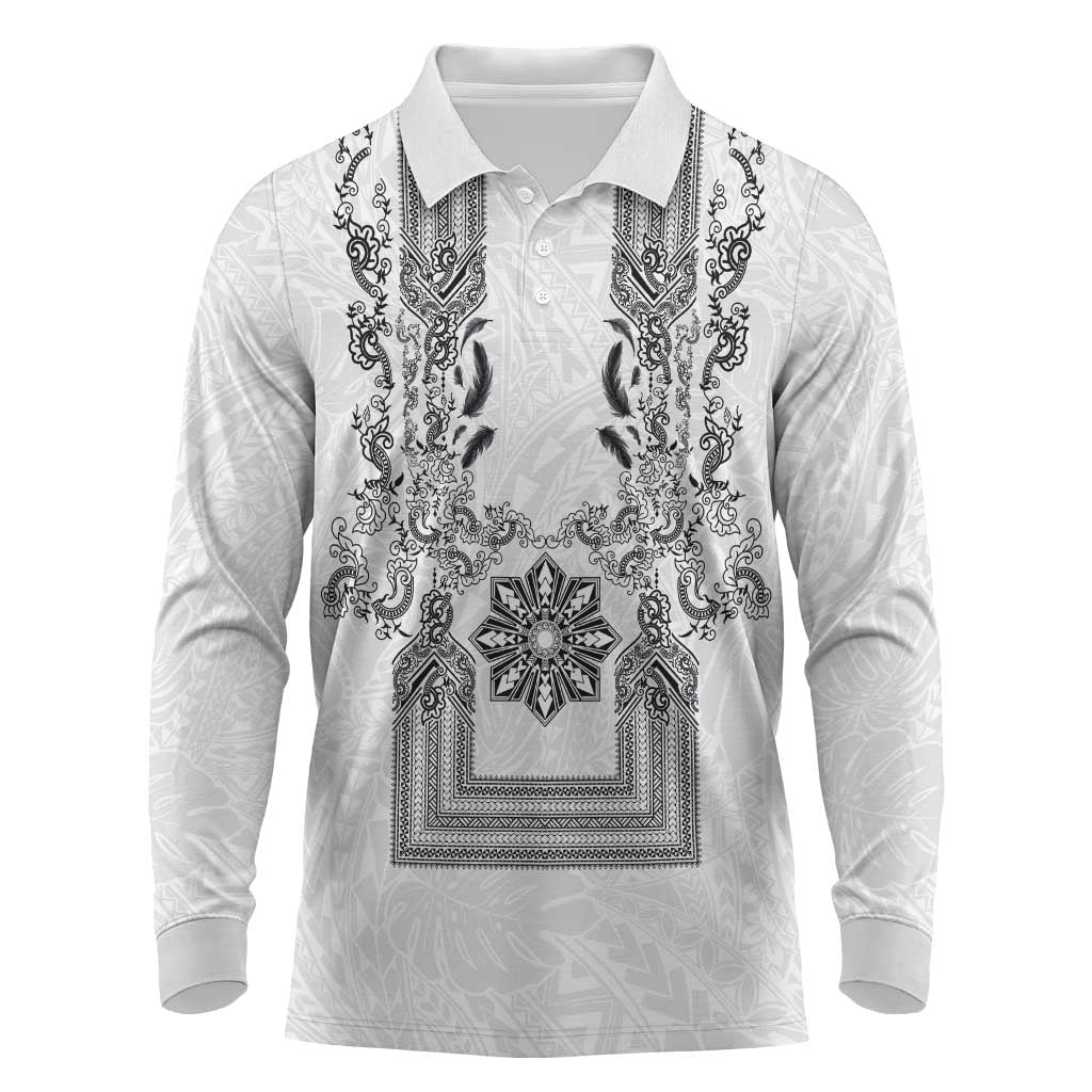 Philippines Barong Style Long Sleeve Polo Shirt with Polynesian Art and Leaf Motif Black-White Color
