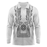 Philippines Barong Style Long Sleeve Polo Shirt with Polynesian Art and Leaf Motif Black-White Color
