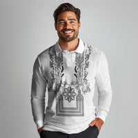 Philippines Barong Style Long Sleeve Polo Shirt with Polynesian Art and Leaf Motif Black-White Color