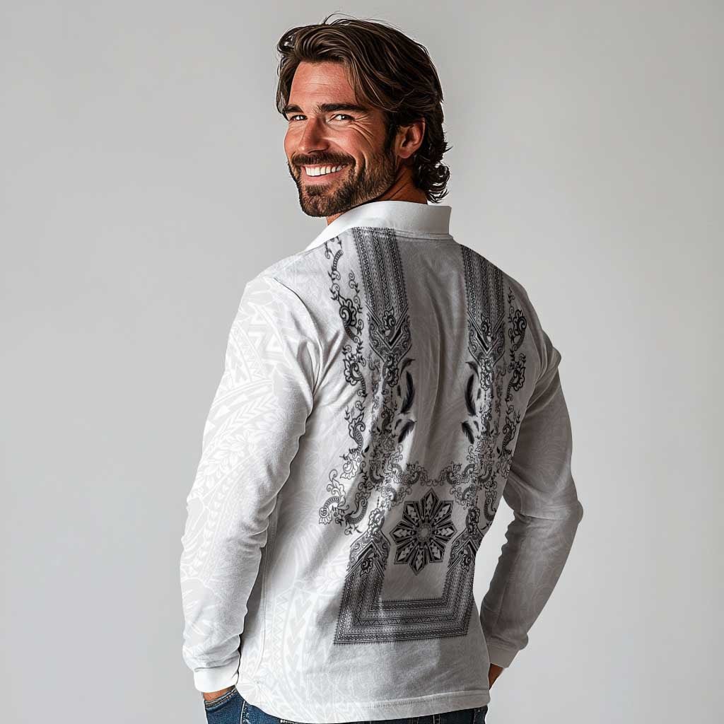 Philippines Barong Style Long Sleeve Polo Shirt with Polynesian Art and Leaf Motif Black-White Color