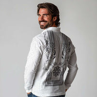 Philippines Barong Style Long Sleeve Polo Shirt with Polynesian Art and Leaf Motif Black-White Color