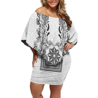Philippines Barong Style Off Shoulder Short Dress with Polynesian Art and Leaf Motif Black-White Color LT03 Women White - Polynesian Pride