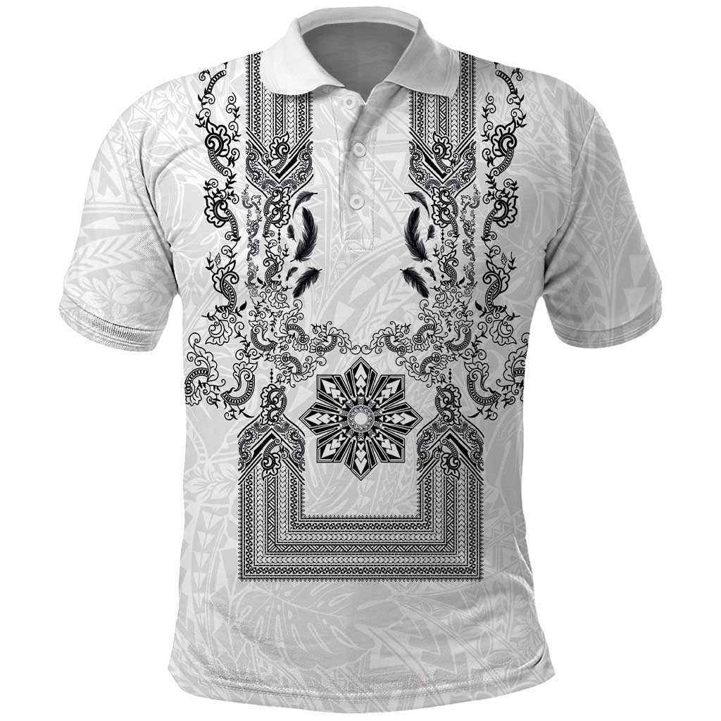 Philippines Barong Style Polo Shirt with Polynesian Art and Leaf Motif Black-White Color