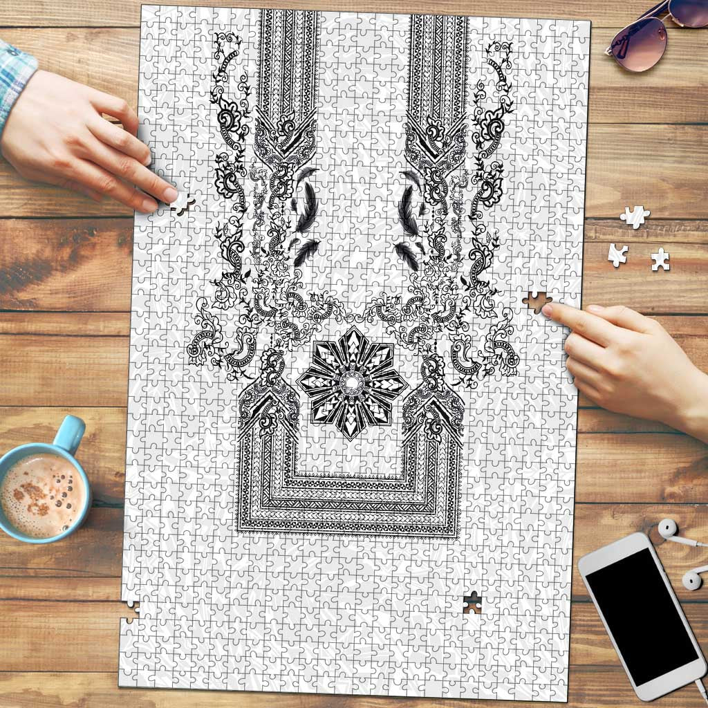 Philippines Barong Style Puzzle with Polynesian Art and Leaf Motif Black-White Color LT03 White - Polynesian Pride