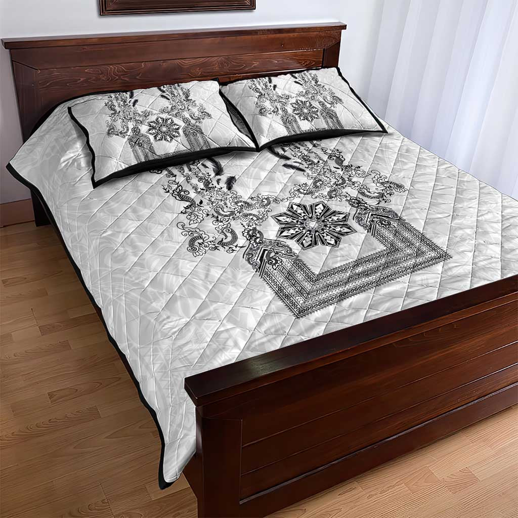 Philippines Barong Style Quilt Bed Set with Polynesian Art and Leaf Motif Black-White Color LT03 - Polynesian Pride