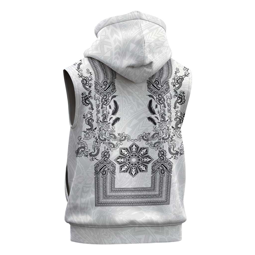 Philippines Barong Style Sleeveless Zip Hoodie with Polynesian Art and Leaf Motif Black-White Color LT03 - Polynesian Pride