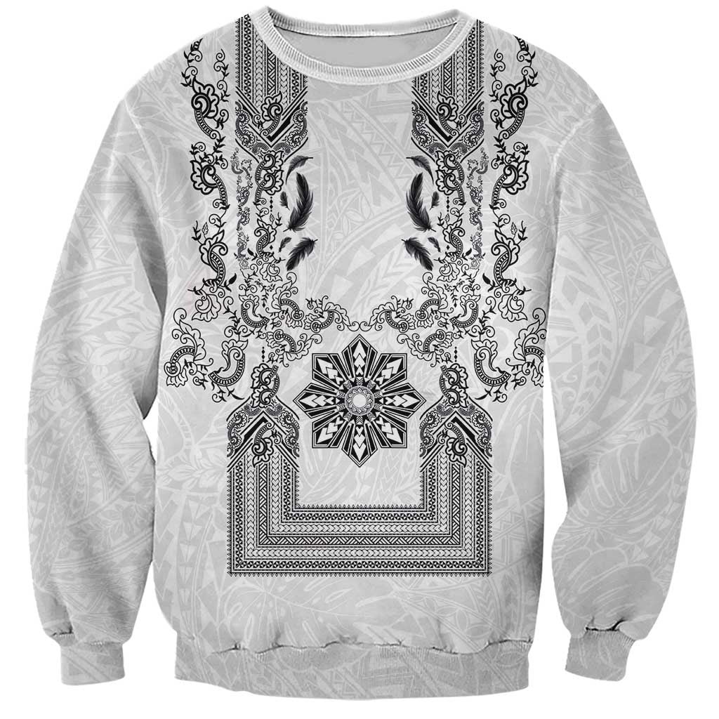 Philippines Barong Style Sweatshirt with Polynesian Art and Leaf Motif Black-White Color LT03 Unisex White - Polynesian Pride
