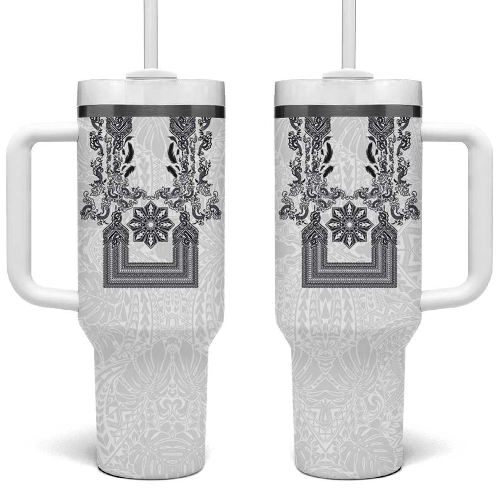 Philippines Barong Style Tumbler With Handle with Polynesian Art and Leaf Motif Black-White Color LT03 One Size: 40 oz White - Polynesian Pride
