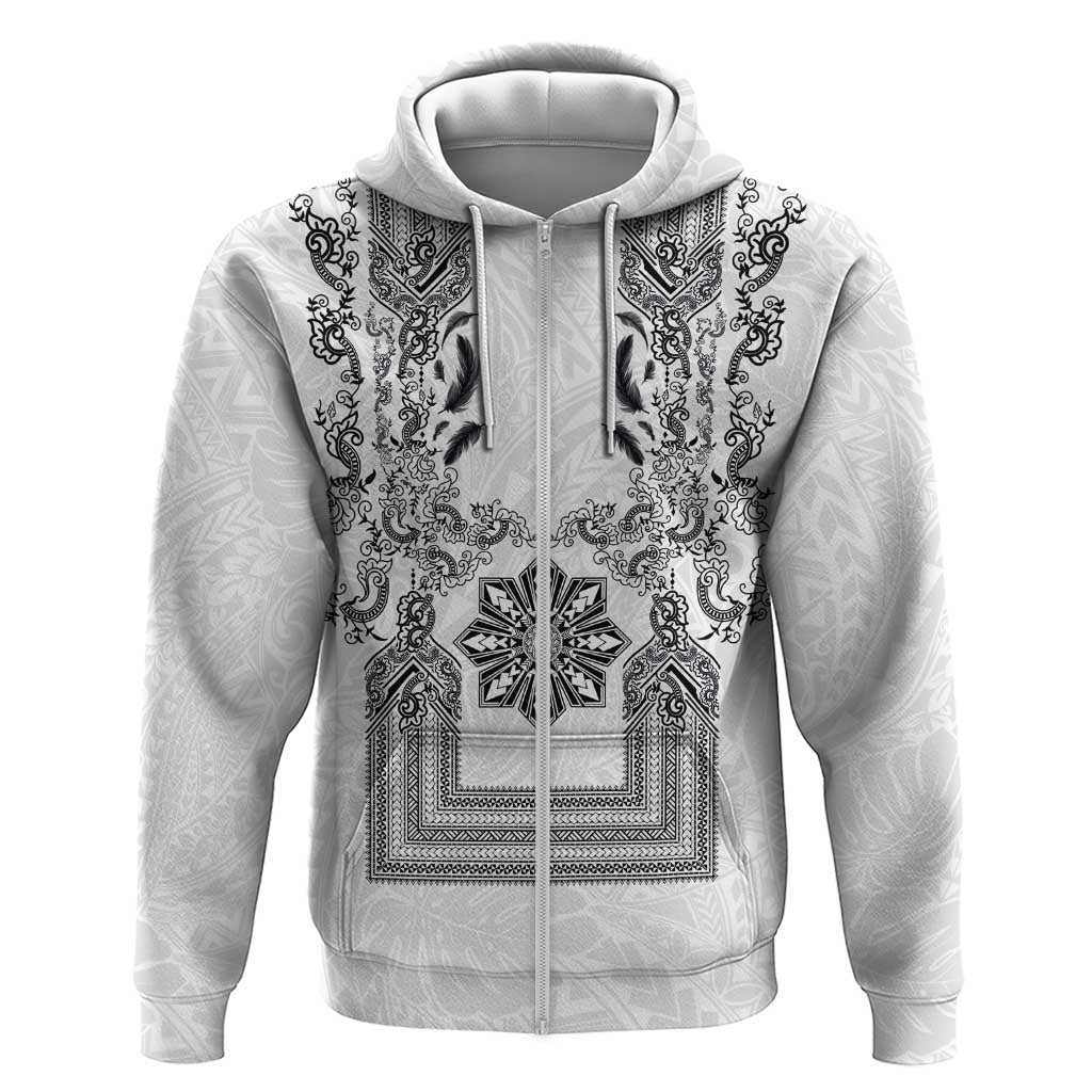 Philippines Barong Style Zip Hoodie with Polynesian Art and Leaf Motif Black-White Color LT03 Zip Hoodie White - Polynesian Pride