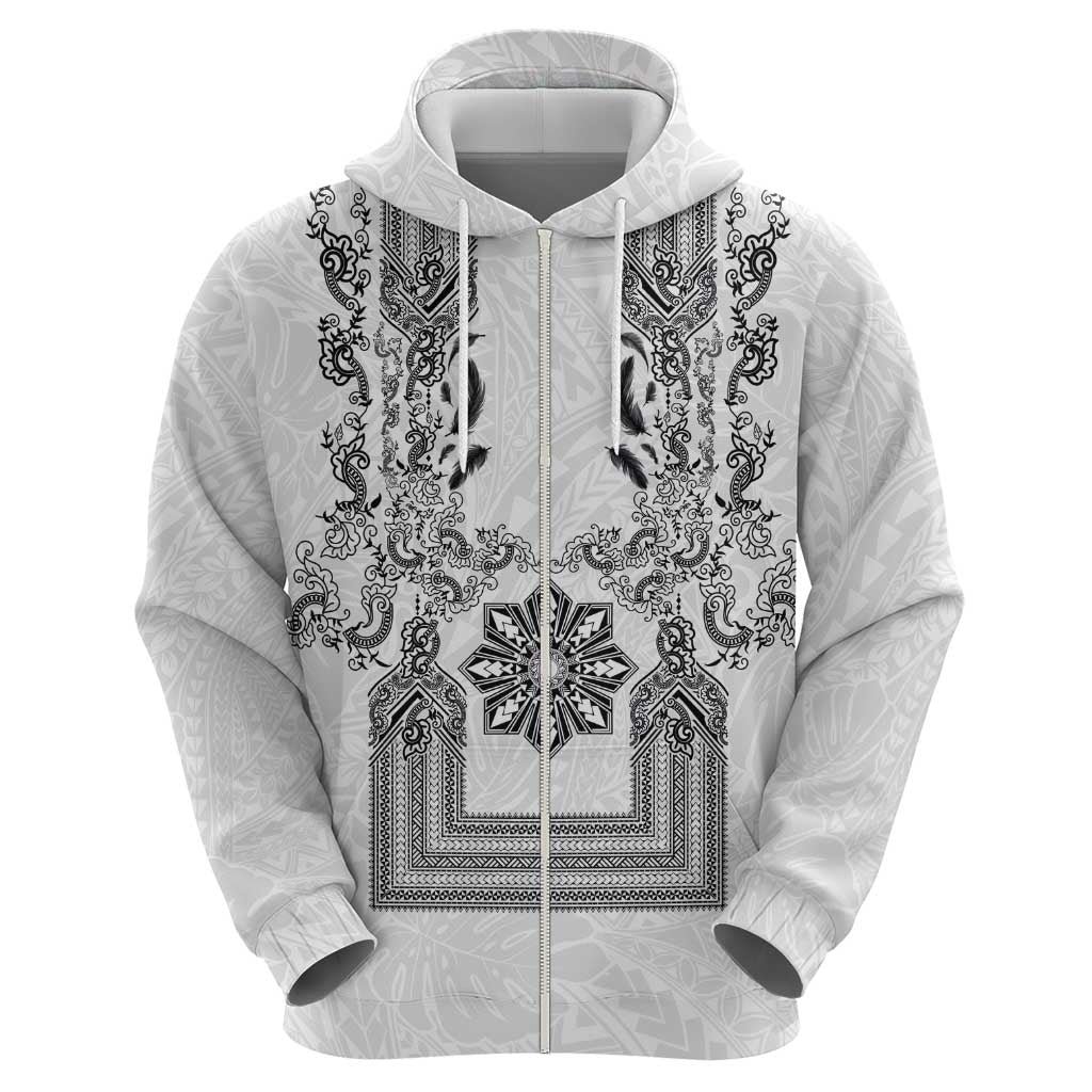 Philippines Barong Style Zip Hoodie with Polynesian Art and Leaf Motif Black-White Color LT03 - Polynesian Pride