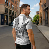 Philippines Barong Style Zipper Polo Shirt with Polynesian Art and Leaf Motif Black-White Color LT03 - Polynesian Pride