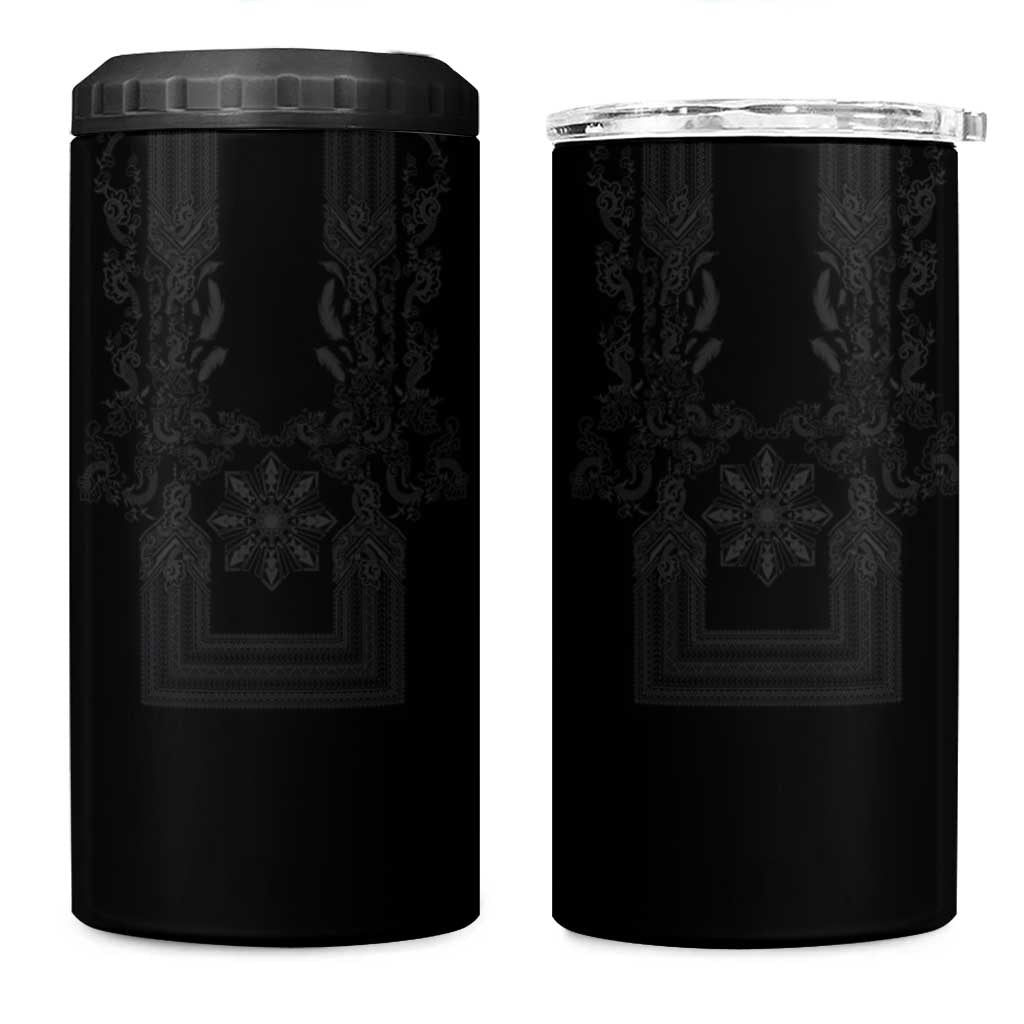 Philippines Barong Style 4 in 1 Can Cooler Tumbler with Polynesian Art and Leaf Motif Black Color