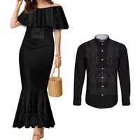 Philippines Barong Style Couples Matching Mermaid Dress and Long Sleeve Button Shirt with Polynesian Art and Leaf Motif Black Color