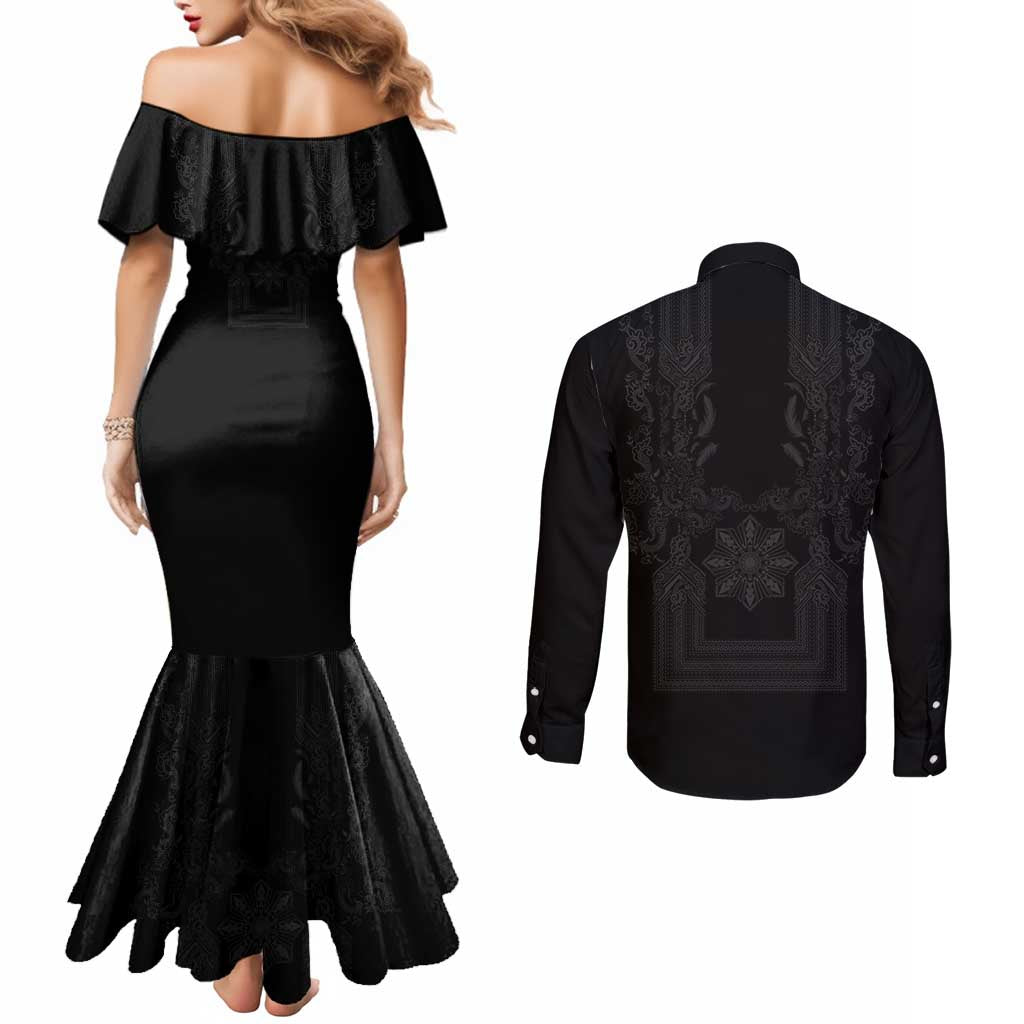 Philippines Barong Style Couples Matching Mermaid Dress and Long Sleeve Button Shirt with Polynesian Art and Leaf Motif Black Color