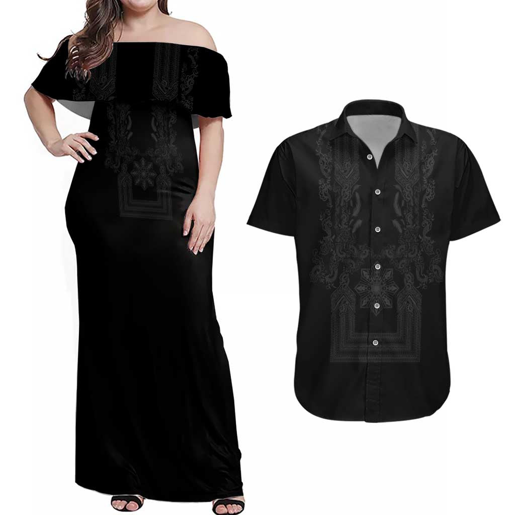 Philippines Barong Style Couples Matching Off Shoulder Maxi Dress and Hawaiian Shirt with Polynesian Art and Leaf Motif Black Color LT03 Black - Polynesian Pride