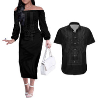 Philippines Barong Style Couples Matching Off The Shoulder Long Sleeve Dress and Hawaiian Shirt with Polynesian Art and Leaf Motif Black Color