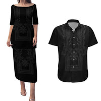 Philippines Barong Style Couples Matching Puletasi and Hawaiian Shirt with Polynesian Art and Leaf Motif Black Color