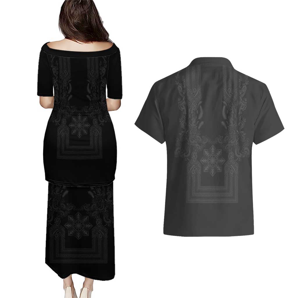 Philippines Barong Style Couples Matching Puletasi and Hawaiian Shirt with Polynesian Art and Leaf Motif Black Color