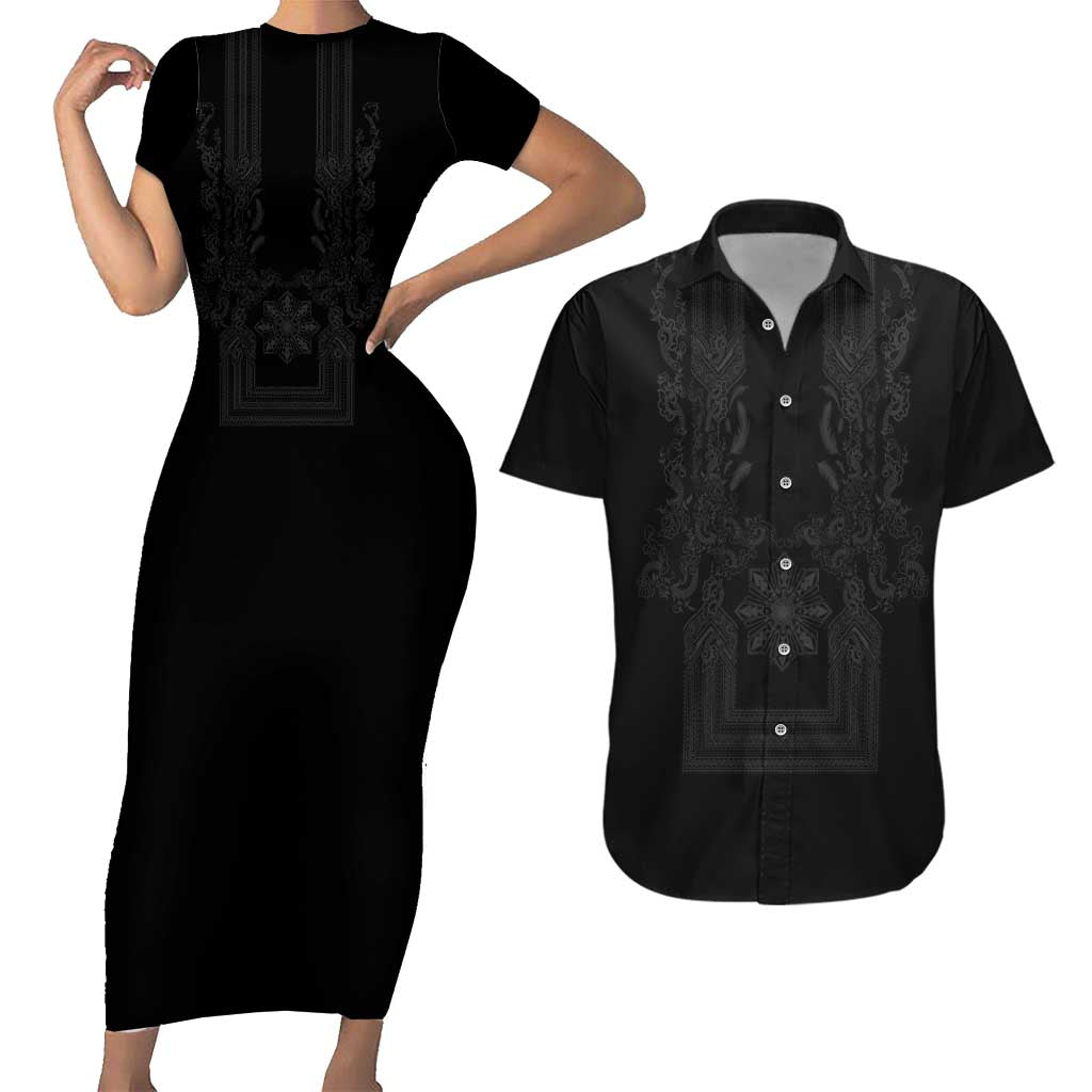 Philippines Barong Style Couples Matching Short Sleeve Bodycon Dress and Hawaiian Shirt with Polynesian Art and Leaf Motif Black Color LT03 Black - Polynesian Pride