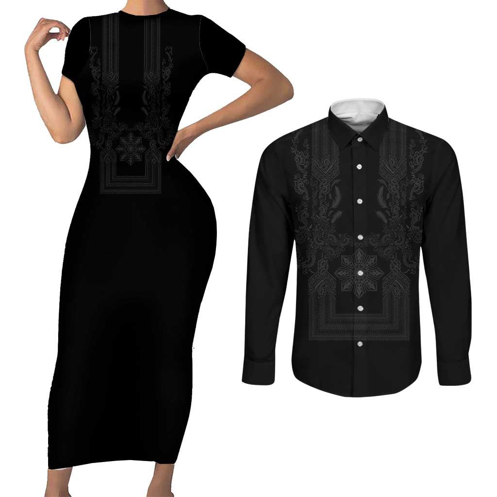 Philippines Barong Style Couples Matching Short Sleeve Bodycon Dress and Long Sleeve Button Shirt with Polynesian Art and Leaf Motif Black Color LT03 Black - Polynesian Pride