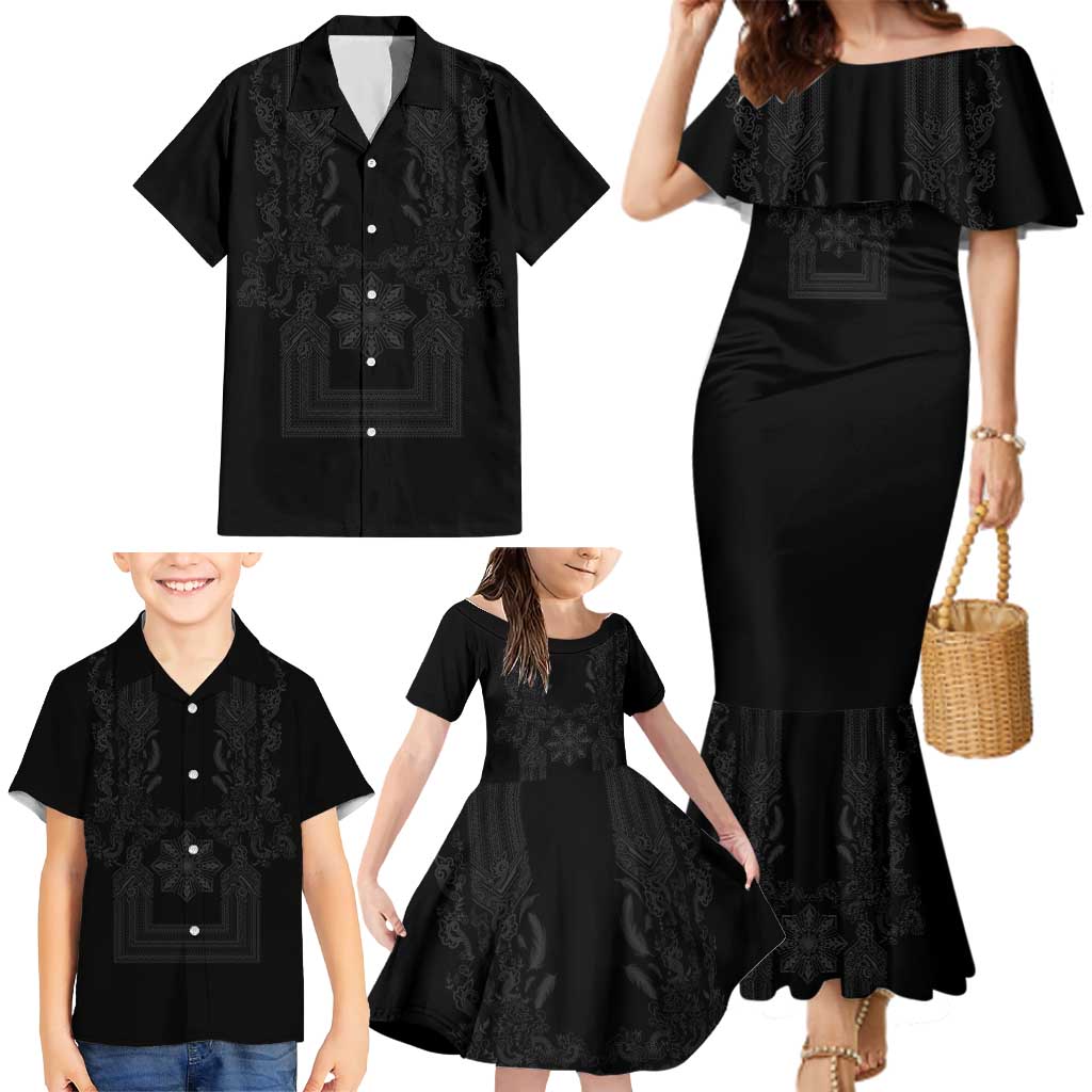 Philippines Barong Style Family Matching Mermaid Dress and Hawaiian Shirt with Polynesian Art and Leaf Motif Black Color LT03 - Polynesian Pride